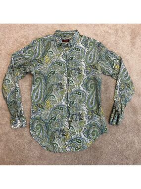 Zara men’s green blue paisley print tropical button down shirt long sleeve Sz L